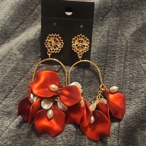 Gold Hoop Red Satin Petal Drop Earrings with Pearl Accents